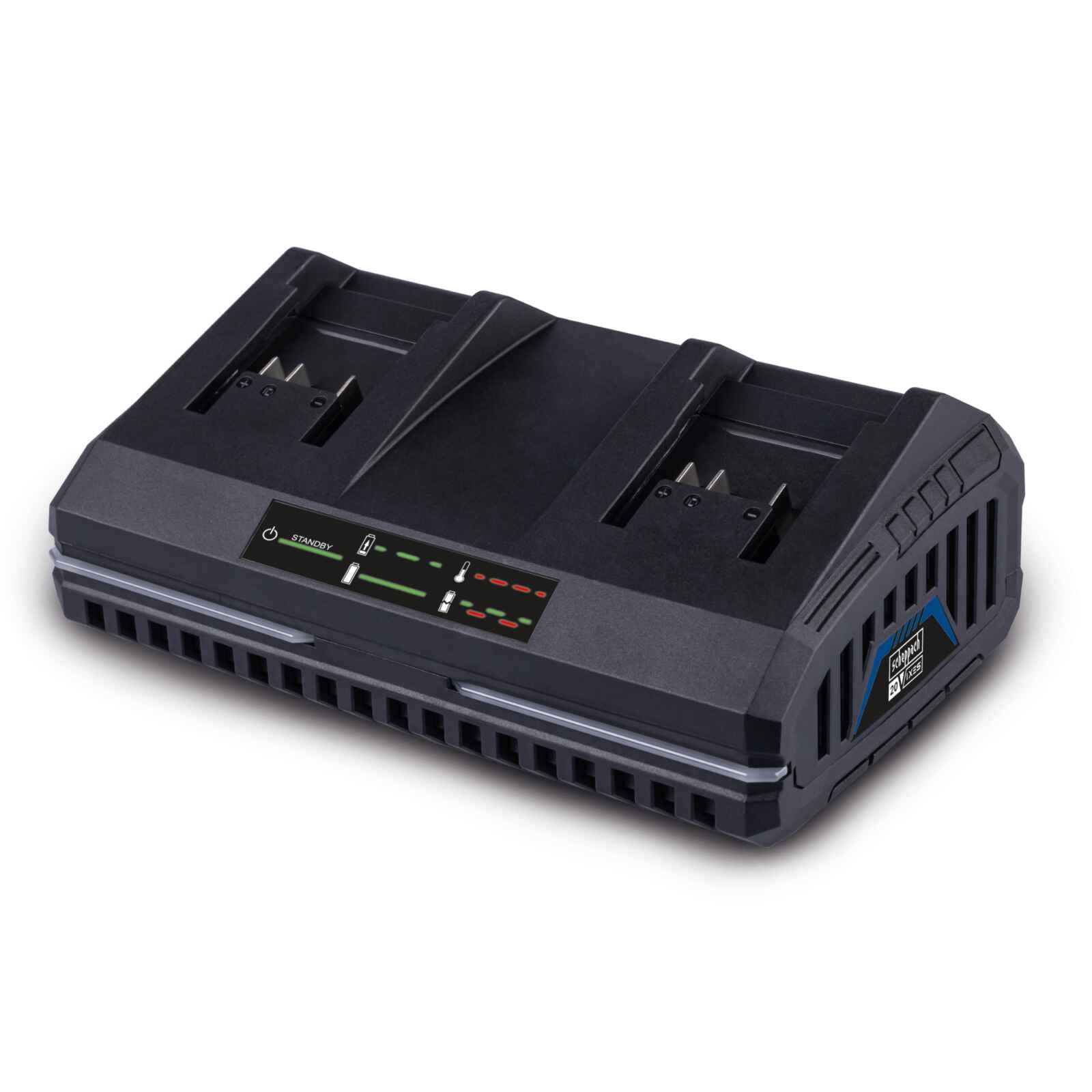 Cargador Rápido Doble Scheppach 20V - Vista frontal