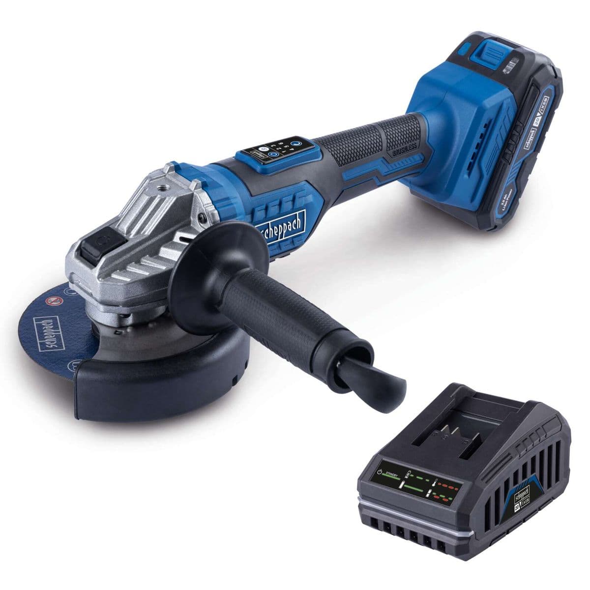 Esmeril Angular Inalámbrico 5" Brushless 20V Scheppach - Batería y Cargador Incluidos