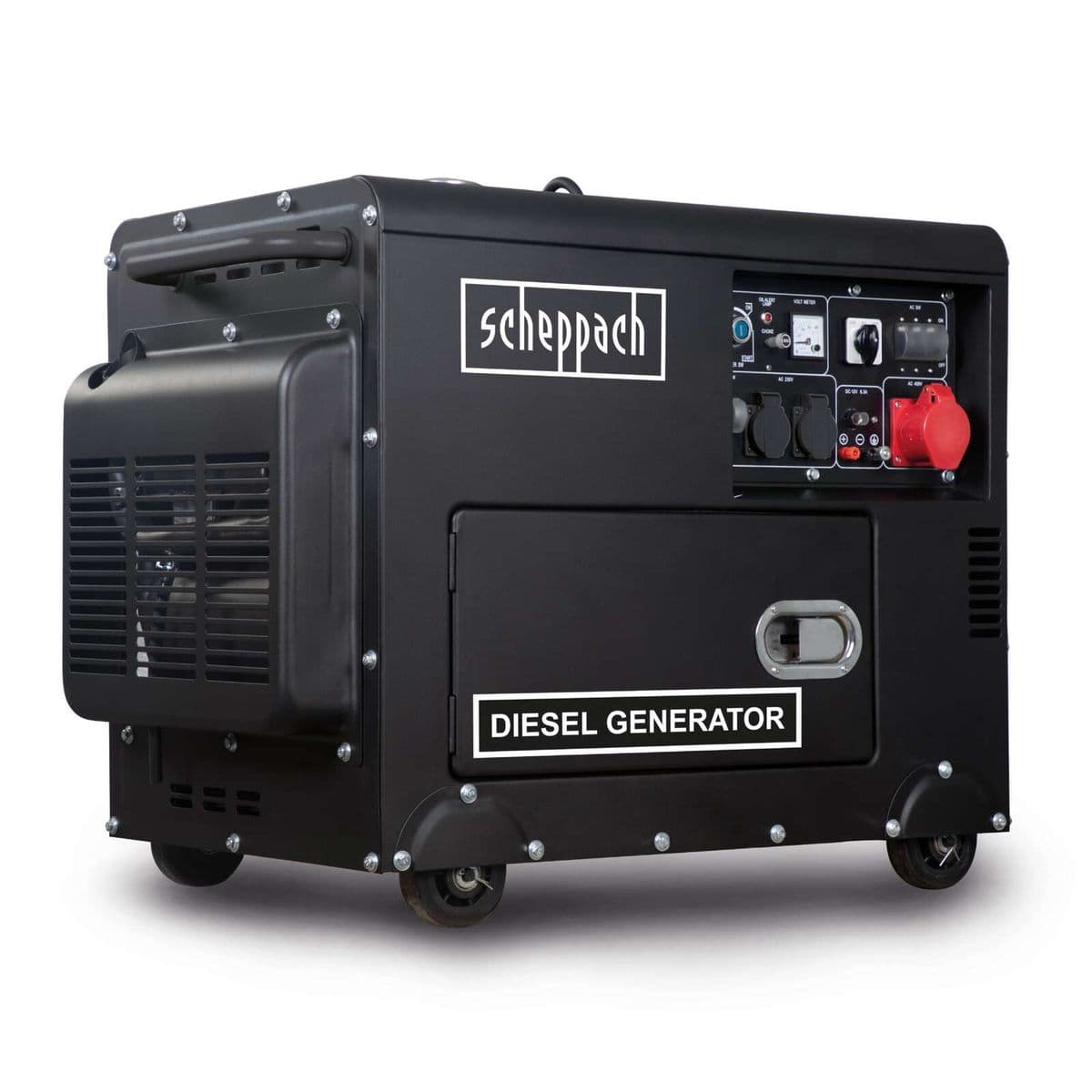 Generador Diésel 5000W Scheppach Black Edition - Trifásico y Monofásico, Arranque Eléctrico - Vista frontal