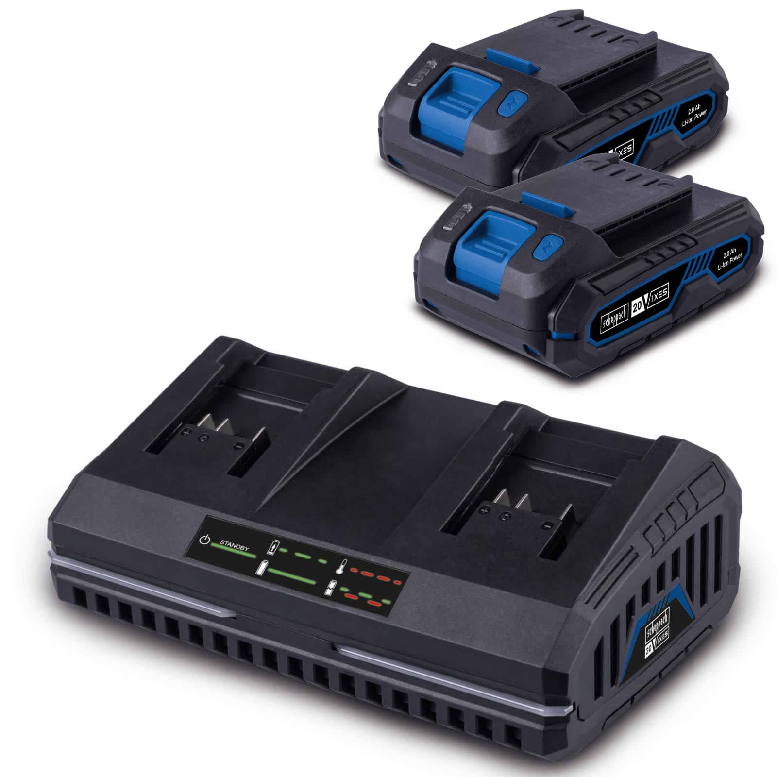 Kit Cargador Doble + 2 Baterías 2.0Ah 20V Scheppach