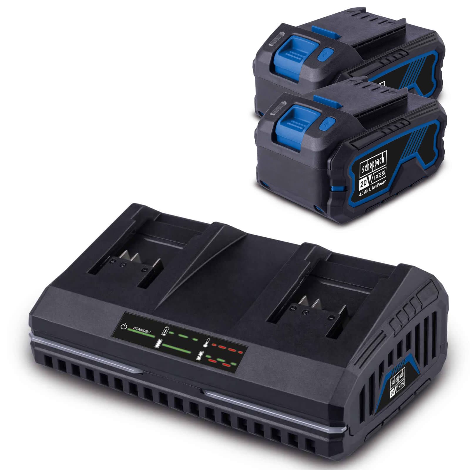 Kit Cargador Doble + 2 Baterías 4.0Ah 20V Scheppach