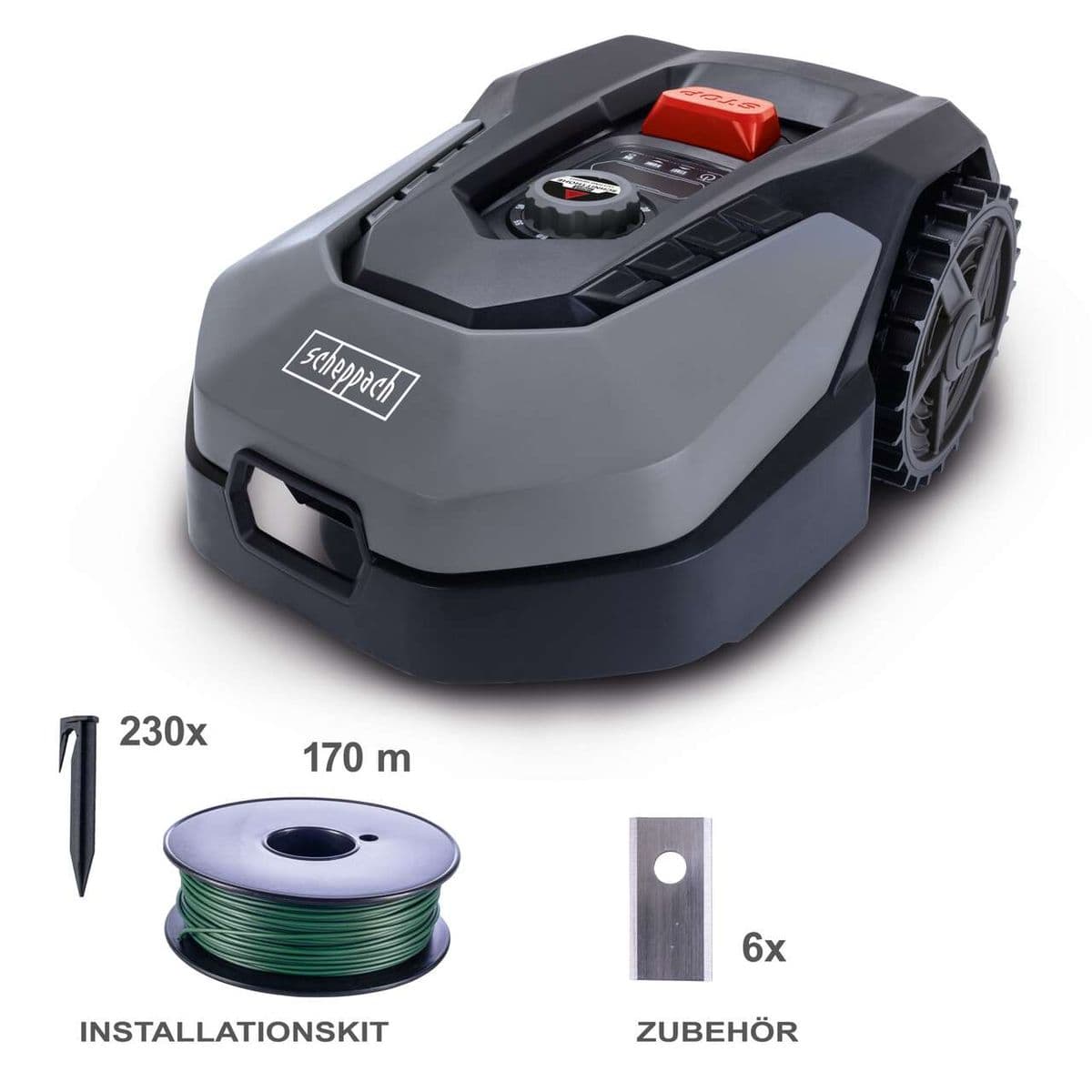 Robot Corta Pasto Cortacésped Scheppach 900m² - WiFi, Altura Regulable - Vista frontal